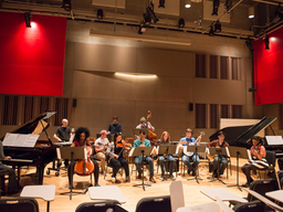 A group of musicians performs in a large room with red panels on the walls.