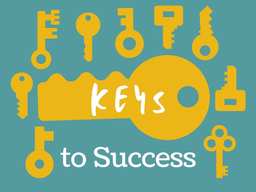 Teal background with 9 small gold keys of various shapes/styles around a large key that says Keys to Success.