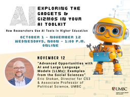 Yellow robot holding a blue toolbox with the speaker's name, presentation title, time, and date shown