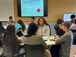 A women talking with students seated around a round table working on a multiple choice question displayed on a screen in the background.