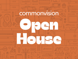 "commonvision Open House" written on an orange patterned background of fun illustrations, like printers and cats