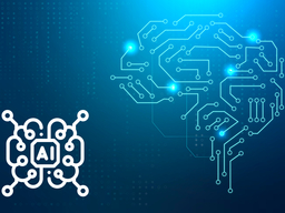 A glowing digital brain made of circuits on the right. On the left, an AI microchip icon with curved lines.