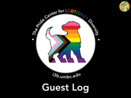 The Pride Center Logo, the Pride Pup, on a black background with the text Guest Log beneath it.