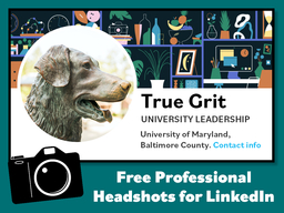 screenshot of a (fake) LinkedIn Profile for UMBC's mascot True Grit. Camera icon. Text: Free Professional Headshots for LinkedIn