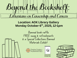 Flyer stating date and location for banned books event titled Beyond the Bookshelf: Librarians on Censorship and Careers