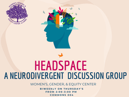 Women's Gender & Equity Center Logo in top left, this image shows a blue head with foliage coming out of where the brain would be to invoke a sense of creativity.