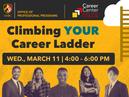 Smiling professionals line the bottom of the image. A ladder with a cloud is to the right, with text reading, "Climbing YOUR Career Ladder."