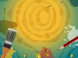 A teal-and-gold gradient with imagery of paint splotches, a paint brush, a pencil, star-shaped sequins, and a birds-eye-view illustration of people holding hands.