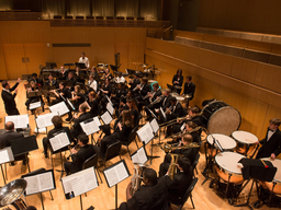 A large group of people play on a concert hall stage.