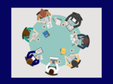 clipart aerial shot of 7 people sitting around a round table with laptops and notebooks
