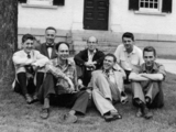 Photgraph of some of the participants of the 1956 Dartmouth summer AI workshop. (back row, from left) Oliver Selfridge, Nathaniel Rochester, Marvin Minsky and John McCarthy, and (front row, from left) Ray Solomonoff, Pete Milner and Claude Shannon.