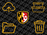 A graphic of the UMBC shield in front of a black Maryland flag pattern with yellow graphics in the corners. The icons include a cloud upload icon (top left), stacked storage bins (top right), a folder (bottom left), and a trash can (bottom right).