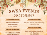 A cropped image of the Social Work Student Association's upcoming events for October, with time, date, and location listed.