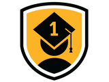 A gold and black shield logo featuring a stylized person wearing a graduation cap with the number “1” on it, symbolizing first-generation college students.