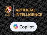 UMBC Artificial Intelligence logo above the Microsoft Copilot logo, both against a black Maryland flag background